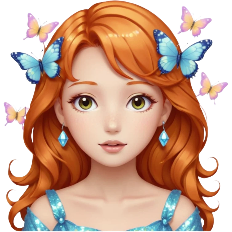 gorgeous shiny blushing pastel core glittery sparkly anime lady with butterflies and beautiful ginger hair fairycore high quality detailed vogue trending aesthetic emoji