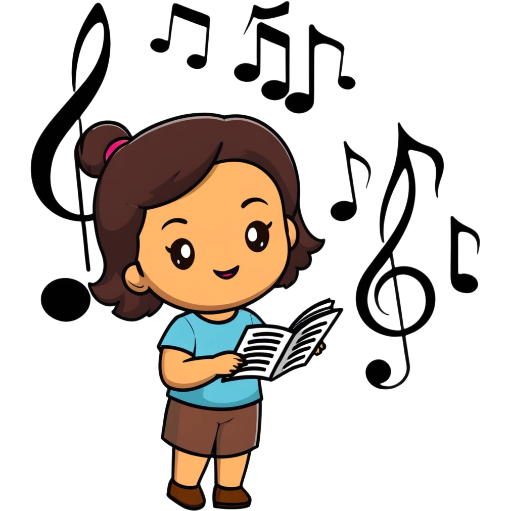 serene morena woman with oval face, warm brown skin, straight dark brown hair, thick eyebrows, almond-shaped dark brown eyes, full lips, gentle smile, surrounded by floating musical notes, treble clefs, sound waves, dreamy colorful style, sticker-like white outline emoji