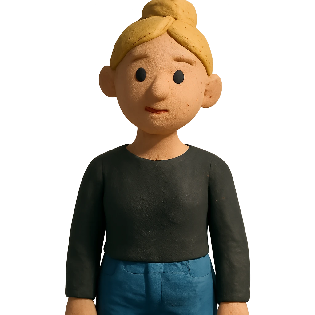 claymation style blond woman with bun, long sleeve black shirt, and jeans emoji