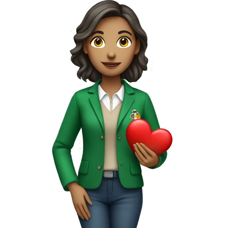 A European female teacher in a green jacket holds a heart in her hands emoji