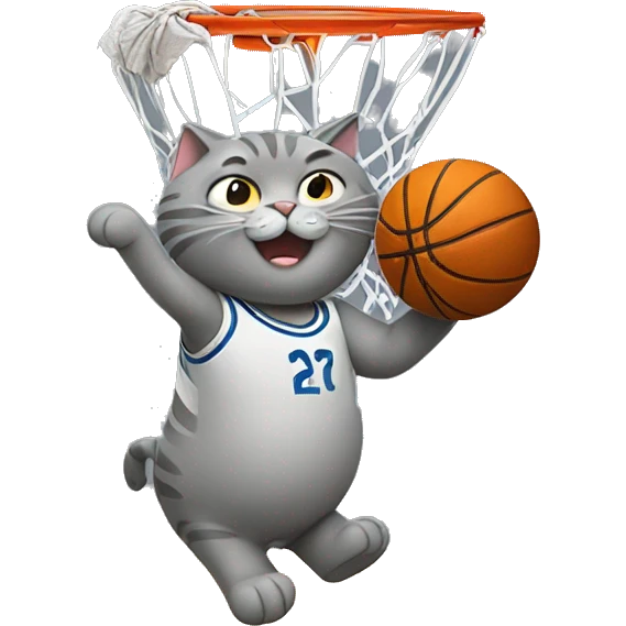 grey fat cat slam dunking basketball between legs emoji
