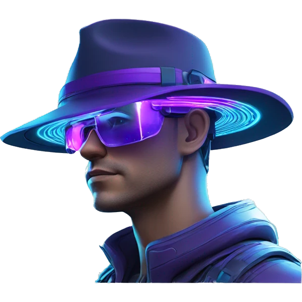 Secret human agent in a hat with  cyberpunk elements in Apple VR googles headset scanning looking reviewing multicolor lines of code, cyan and purple colors, only upper body portrait emoji