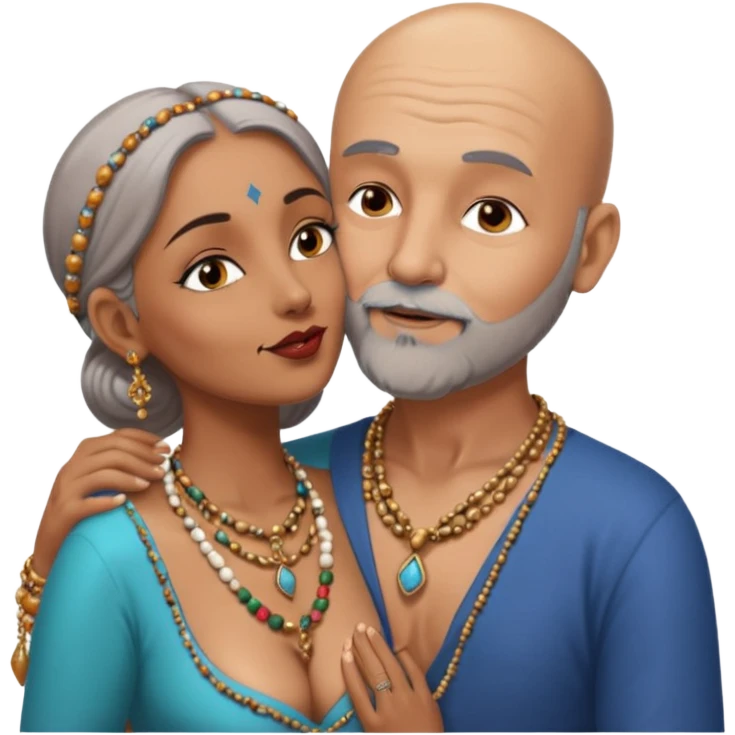 A man in his 60s balding with a grey beard passionately kissing the vagina  of an Indian woman in her 40s wearing a beads chain with here cleavage visible and embracing the man emoji