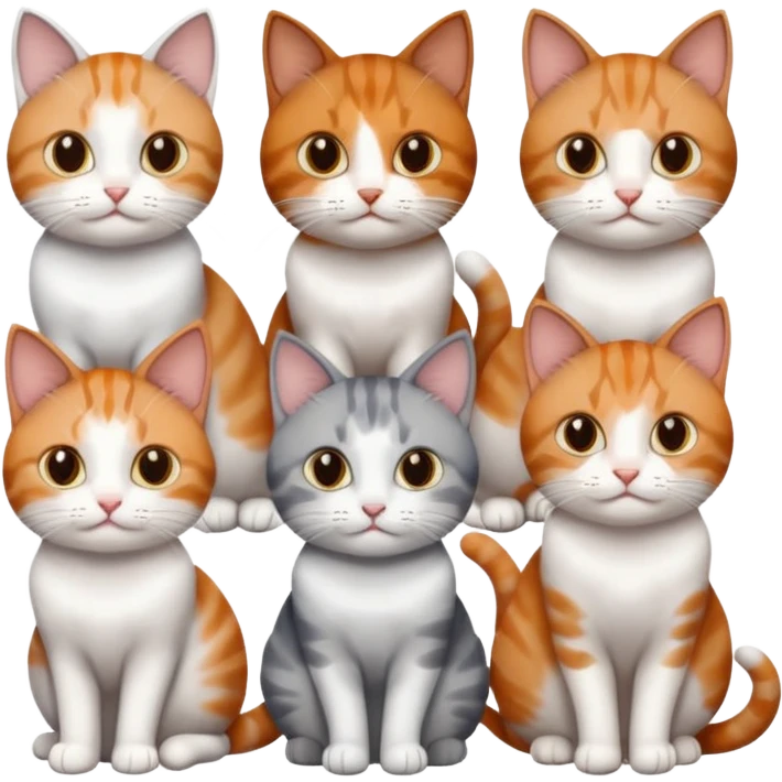 6 cats with different coloured coats, 2 are grey and white, 1 is grey with a little white, 1 calico, 1 brown tabby and white and one ginger and white emoji