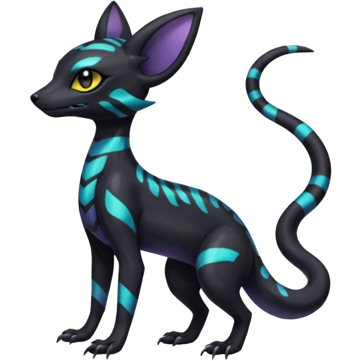 Rare epic aesthetic iridescent spooky gloomy colorful Salandit-Umbreon-Genet-species-Fakemon-hybrid-creature, with markings, full body emoji