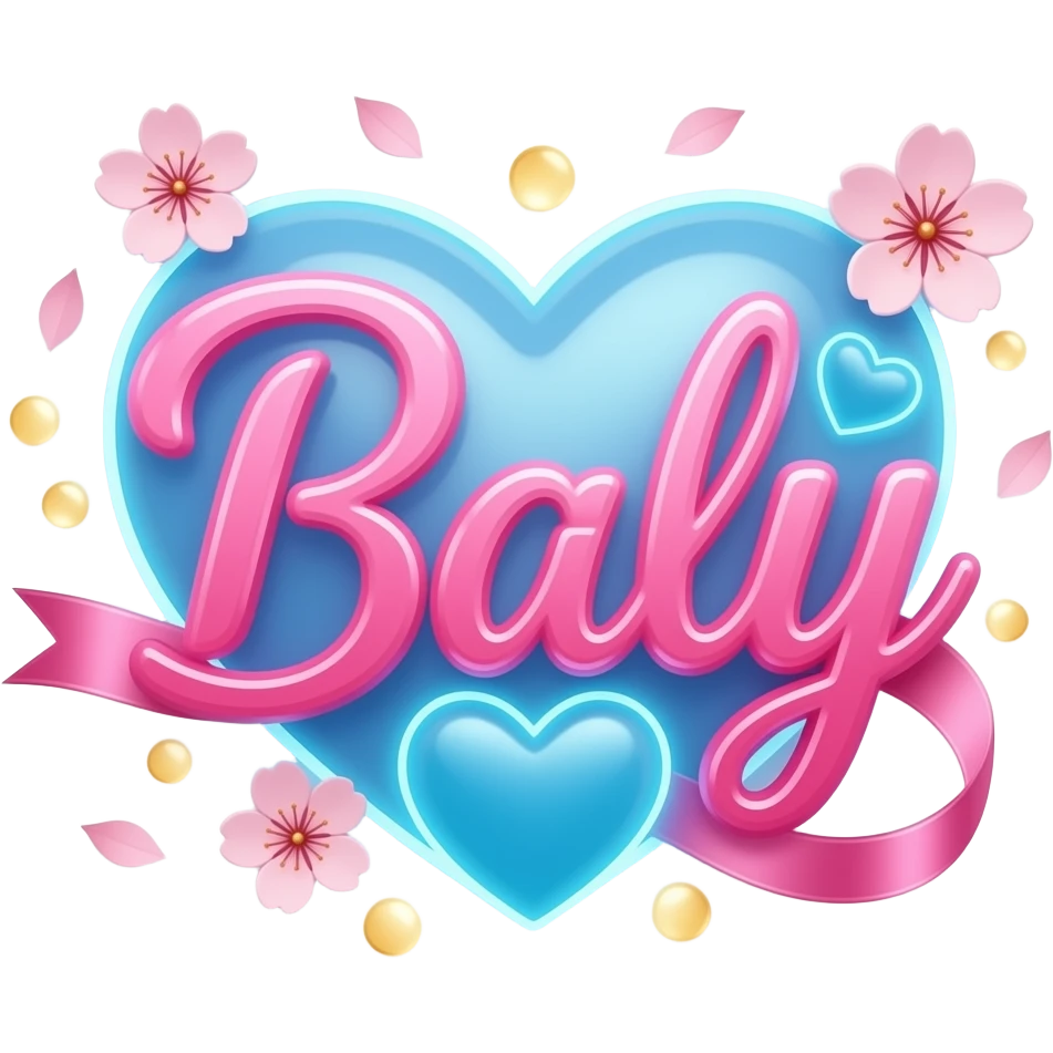 A sleek, hot pink text 'Baly' adorned with satin ribbons and glowing neon-blue hearts. Surrounded by floating cherry blossom petals and golden bokeh. Vibrant, modern, and feminine with a cinematic glow emoji