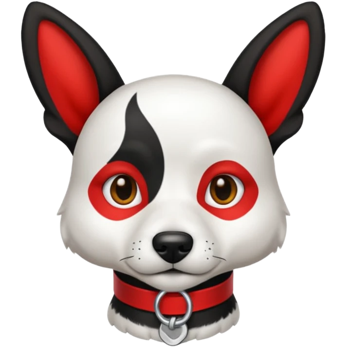 Perro blanco  con orejas negras  con un collar rojo sentado emoji