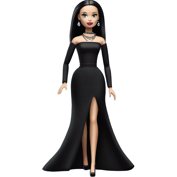  Elegant Wednesday Addams Barbie.  Small light skin face. Earrings with matching necklaces Longer hair. black flowing strapless tight evening gown neckline that’s off-the-shoulders shows her legs and black high heel shoes. emoji