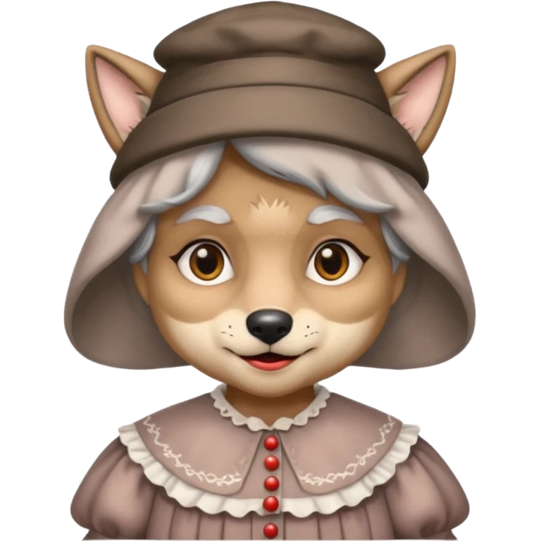 The big bad wolf is wearing Grandma's clothes and a hat, yet its face still looks like a wolf's. emoji