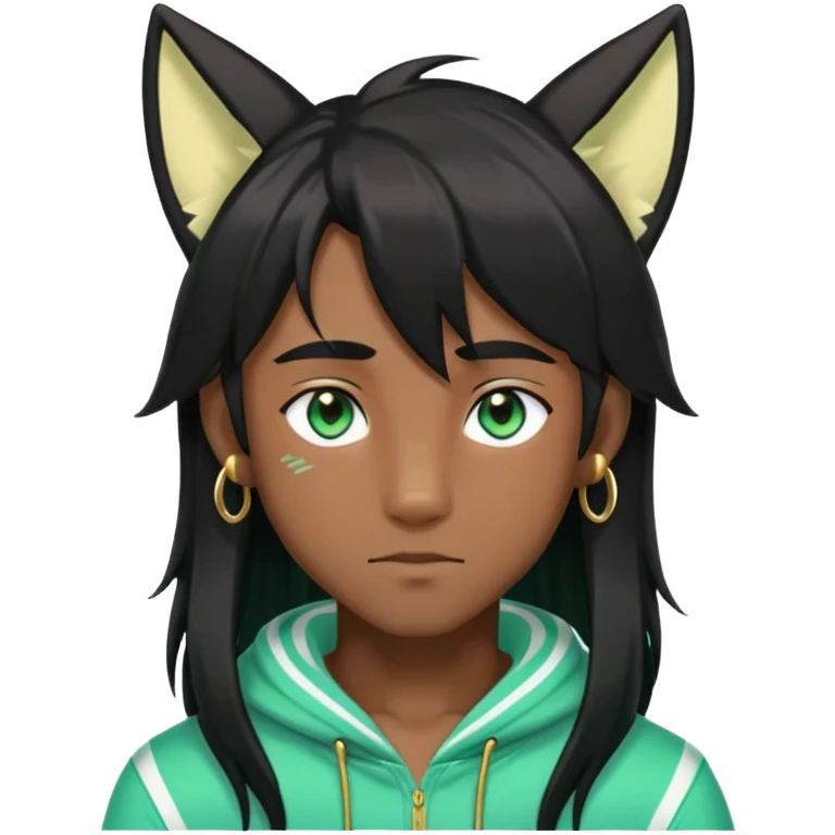 Black anime man with straight long black hair with light-green stripes in it, long black fox ears, hazel-gradient-brown-turquoise eyes, gold earring, emoji