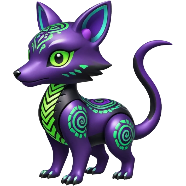 Futuristic modern badass cool shiny metallic alloy black-obsidian purple neon-green white lime animal hybrid Fakemon full body with intricate patterns emoji