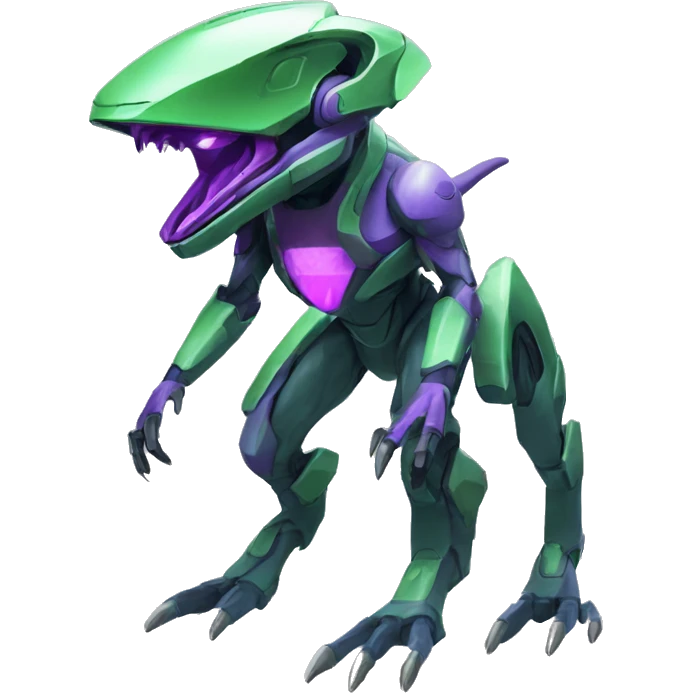 a purple-green Genesect-Raptor-Fakémon—hybrid with a futuristic visor-helmet full body emoji