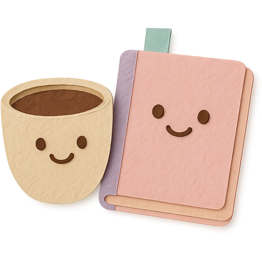 coffee cup and diary notebook with smiling faces, soft pastel colors emoji