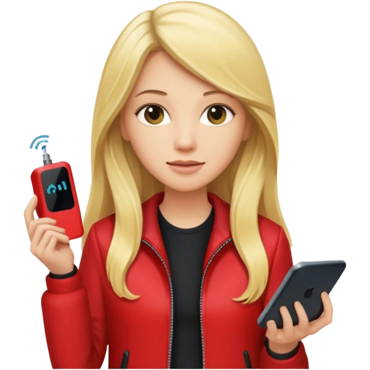 mujer  joven rubia con pelo largo y saco rojo con modem de internet emoji