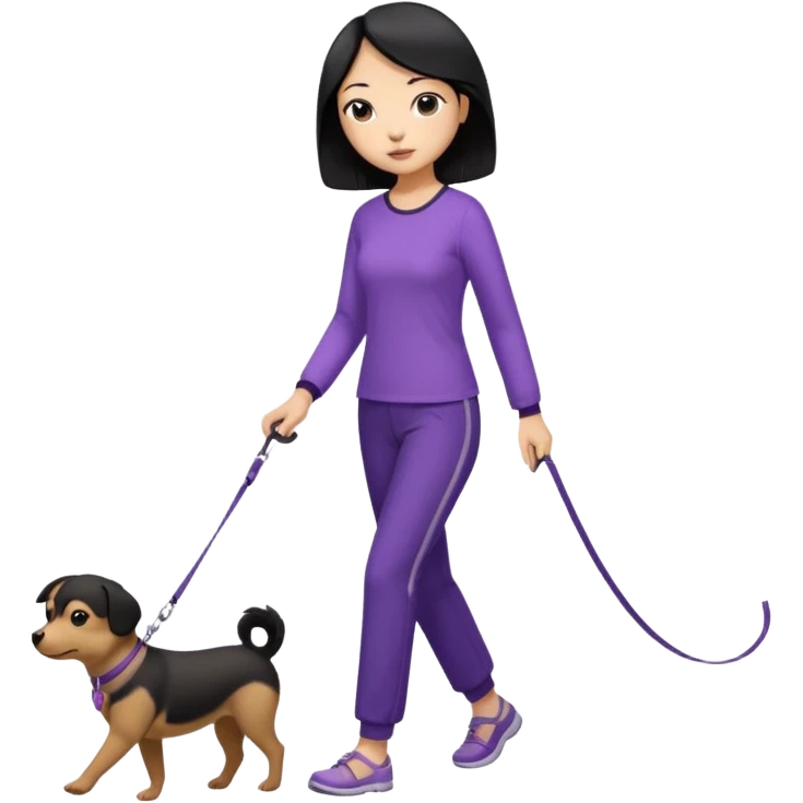 black hair Chinese woman wearing purple top and black pants walking 1 small brown dog emoji