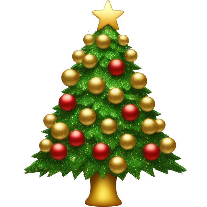 Christmas tree with red and golden balls and glitter emoji