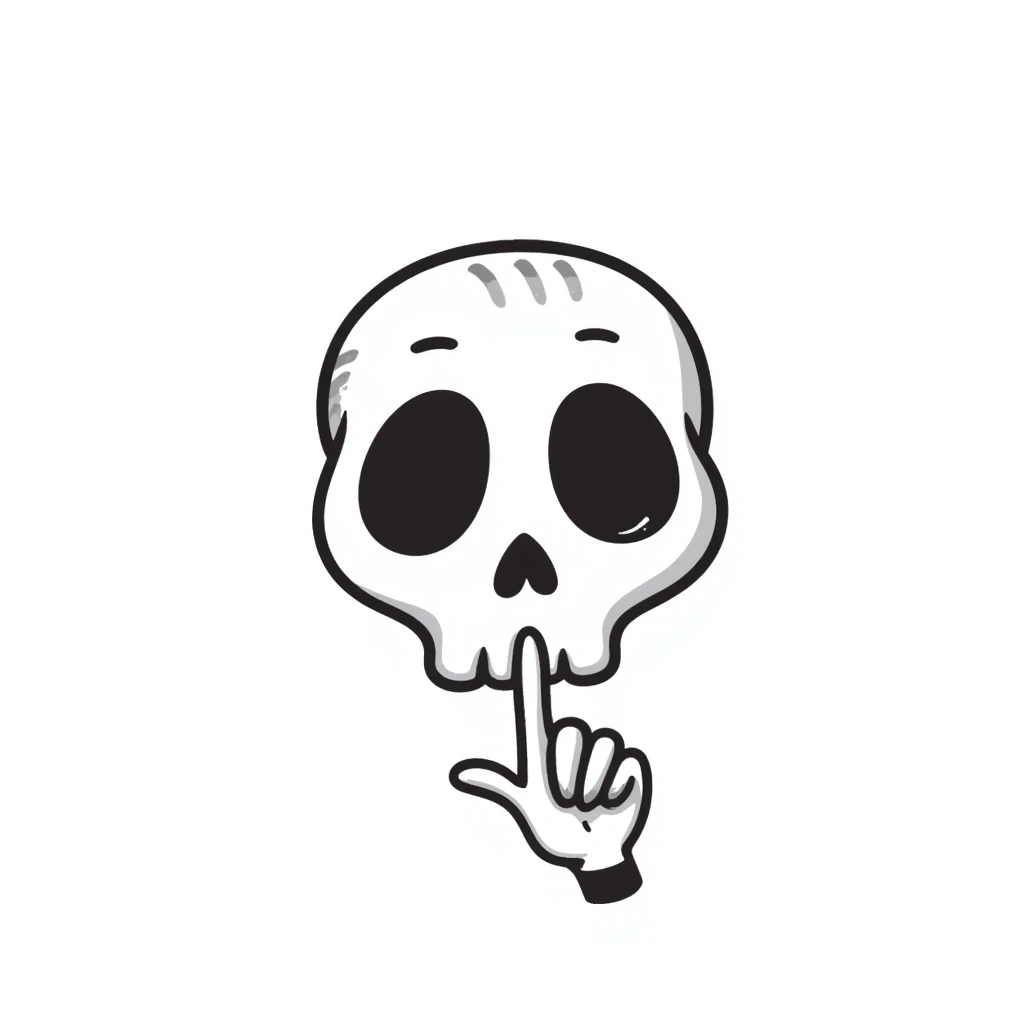 a skull making a shushing gesture, finger to mouth, expressive face, hand drawn doodle style emoji