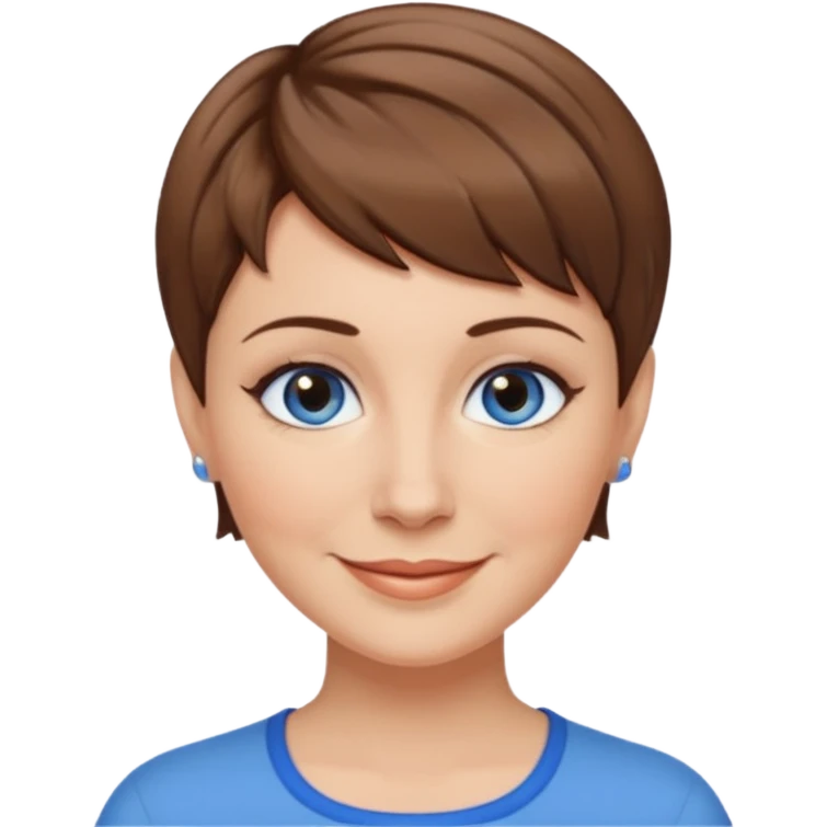 Frau helle Haut, braun mit dunkelblonden spitzen, kurzhaarfrisur Pixie schnitt, blaue Augen, mittleres alter emoji