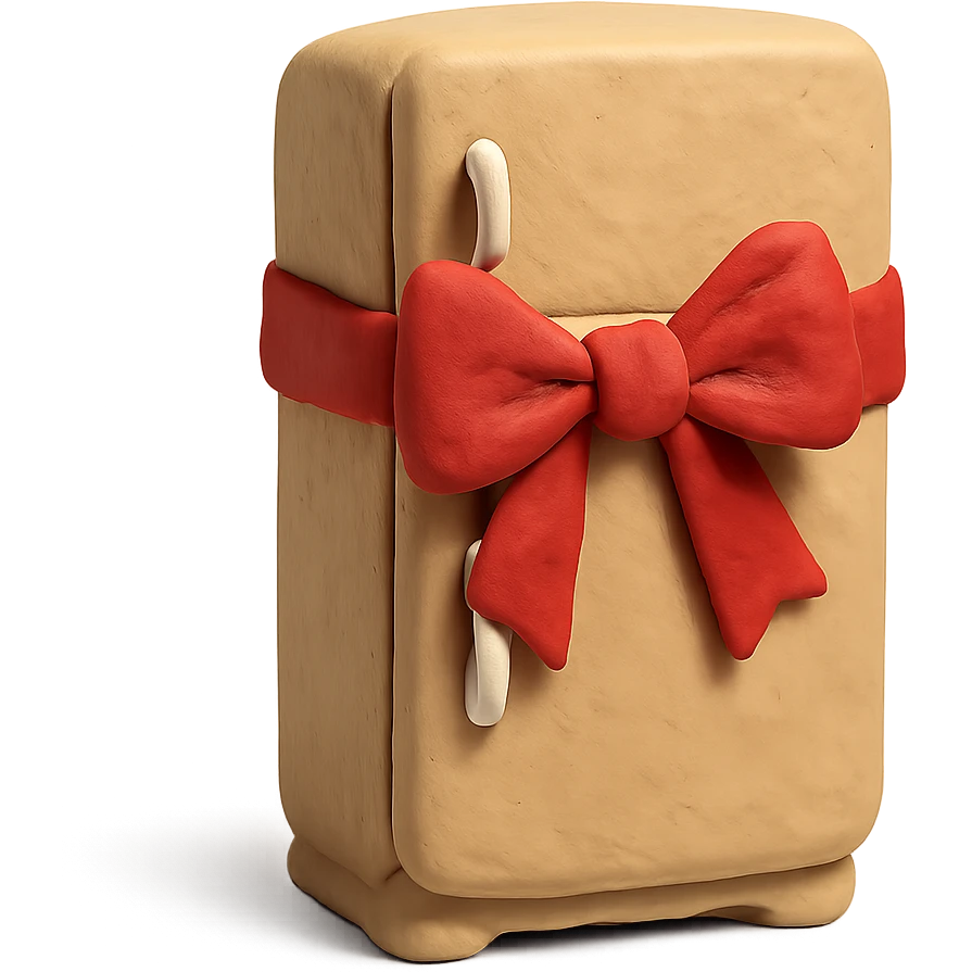 claymation style fridge with a big red bow emoji