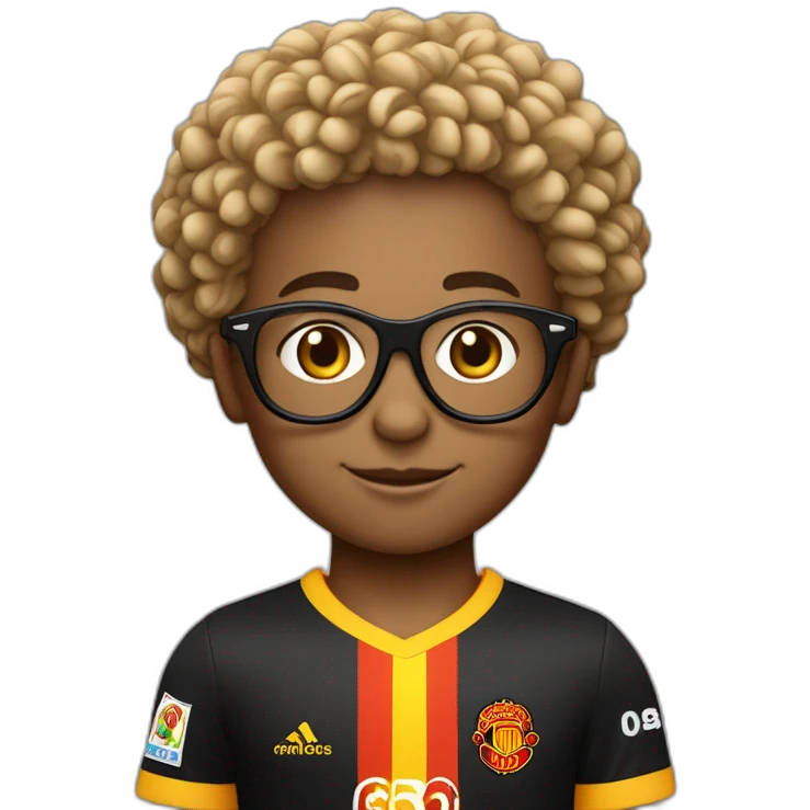 Un petit garçon aux cheveux bouclés et avec des lunettes accompagné de sa petite soeur avec des maillots du RC Lens emoji