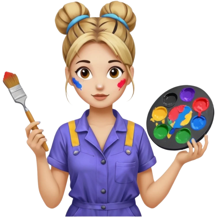 beautiful girl with a bun on her head in a jumpsuit with paint stains, holding a palette and a brush in her hands emoji