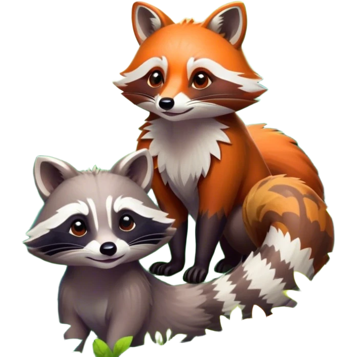 Collage of a raccoon and a fox, in close-up, surrounded by a colorful forest with rich green trees, thick bushes, and vibrant foliage. Sunlight peeks through the branches, casting warm light on the animals. A lively, natural setting with a transparent background. emoji