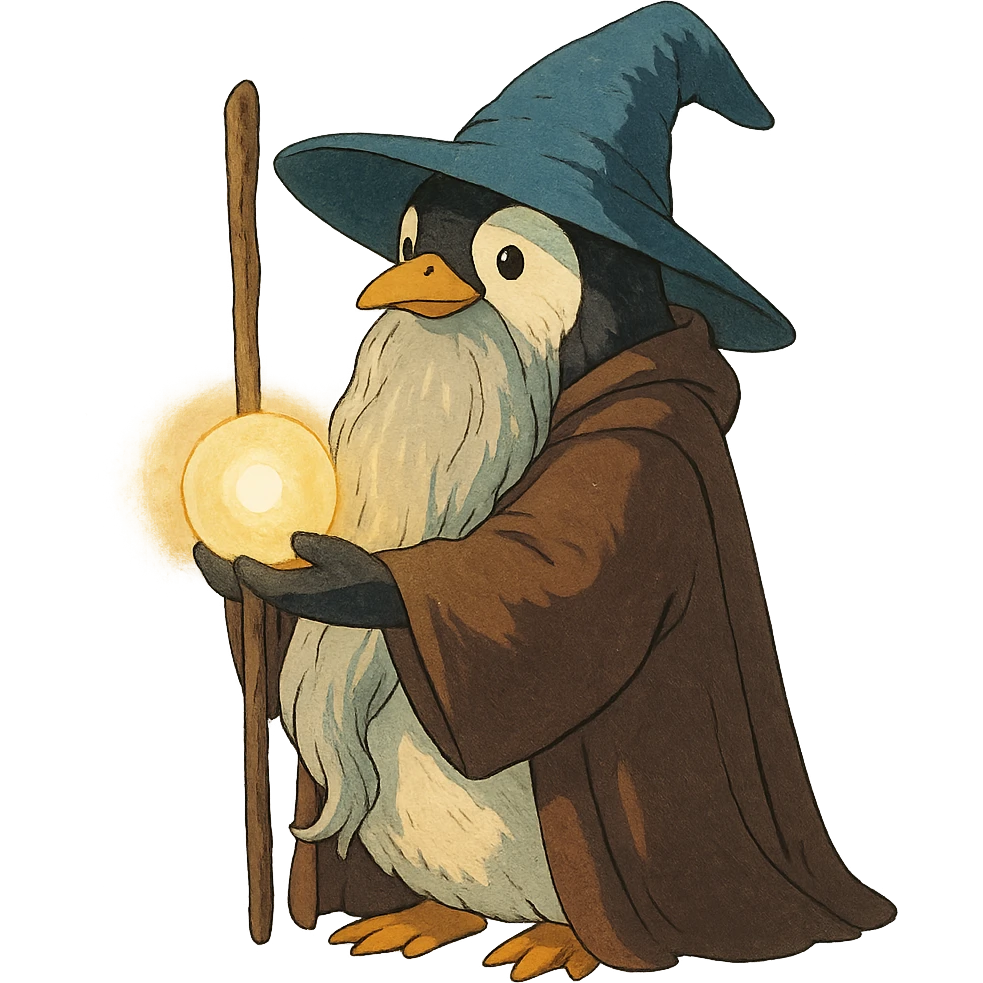 fantasy illustration style penguin wizard with a long beard holding a glowing orb emoji