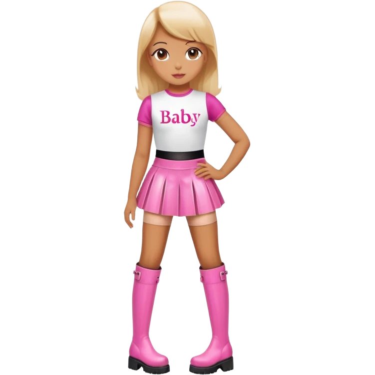Mini latex skirt and boots and short top with pink inscription “Baby girl” emoji