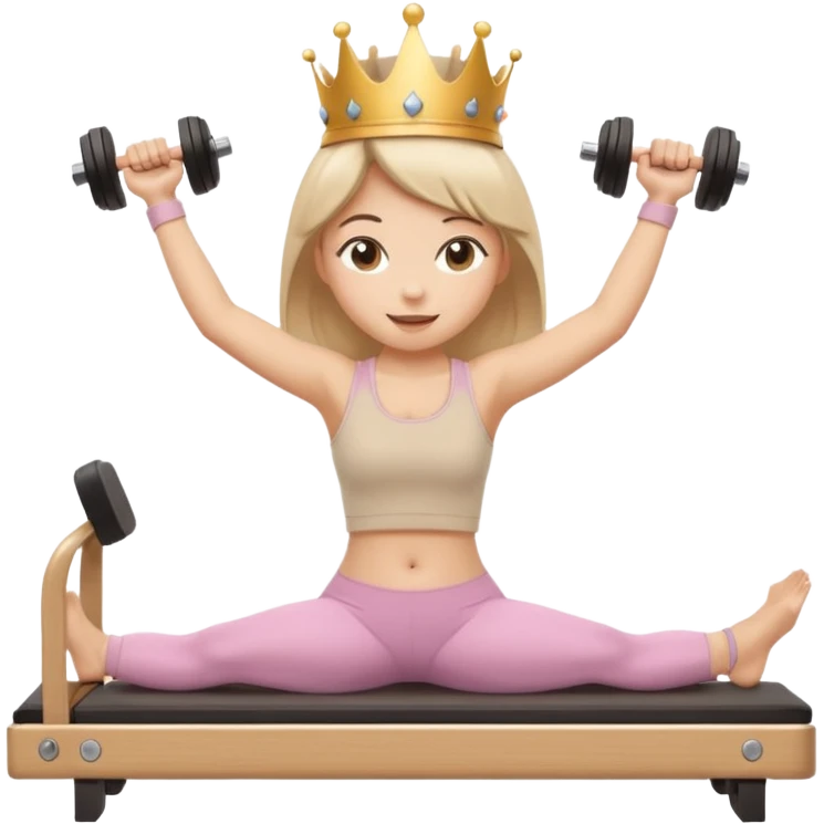Sticker emoji of a girl doing Pilates arm exercises on a reformer, holding light dumbbells. Small crown, happy expression, beige outfit. Kawaii proportions, white outline, transparent background. emoji