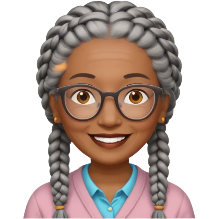 Older woman of color with gray braids, glasses and smiling emoji
