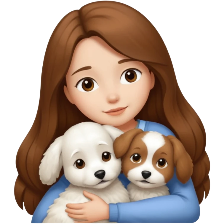 White bishon dog in hug with girl with long brown hair an emoji