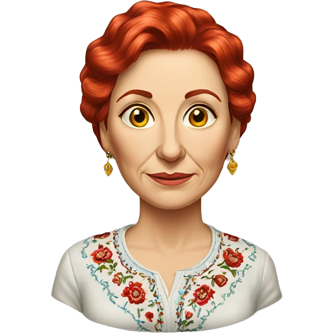 A middle-aged Ukrainian woman writer in an embroidered shirt with red hair
 emoji