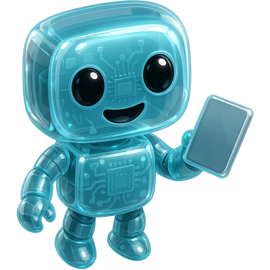 Robotukas pasisukęs priekiu, glossy circuit stilius, pagrindinė spalva #6fe8f3 žydra, miela išraiška, vietoj gėlytės rankoje laiko tabletę, be fono. emoji