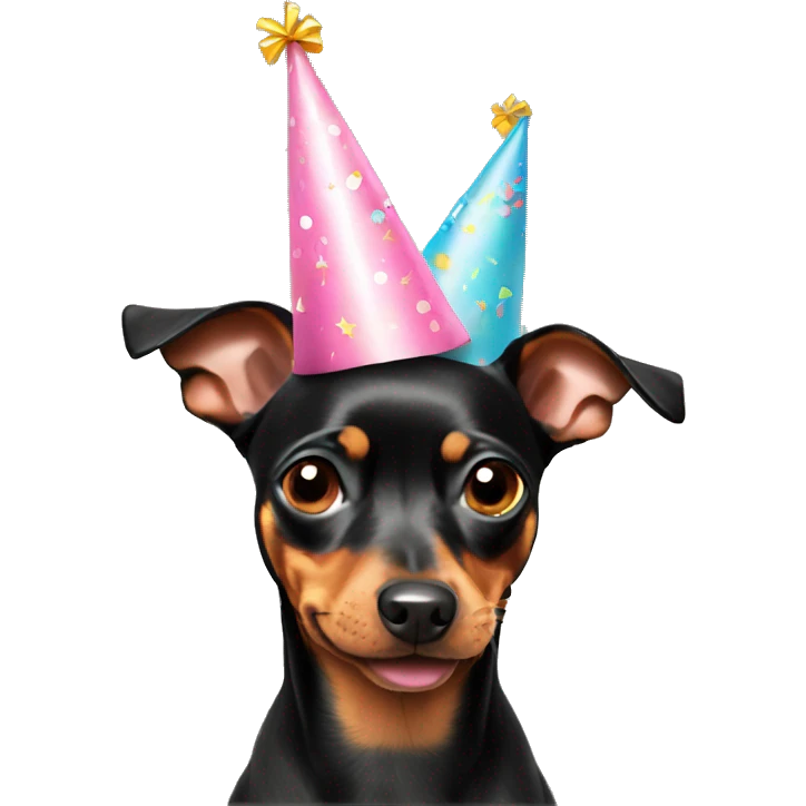 Miniature Pinscher wearing birthday hat emoji