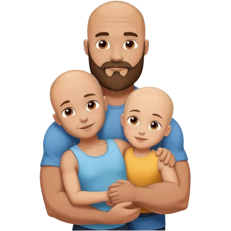 Muscular Bald man with a beard hugging his young fit brunette wife and their 3 sons emoji