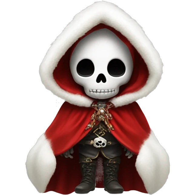 Cute, happy little skull wearing a red velvet hooded cloak with white fur trim. emoji