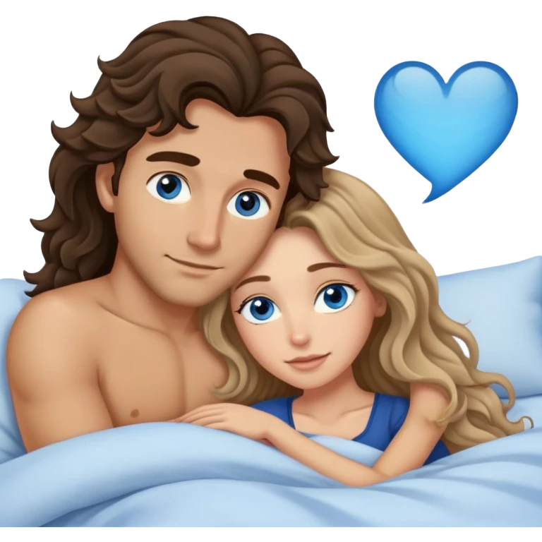 Man with dark brown wavy hair and one woman with long dark blond wavy hair with blue eyes in bed cuddling  emoji