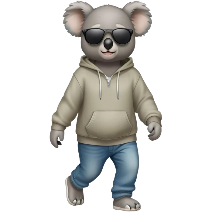 anthropomorphised koala full body wearing a hoodie and jeans dark sunglasses walking emoji