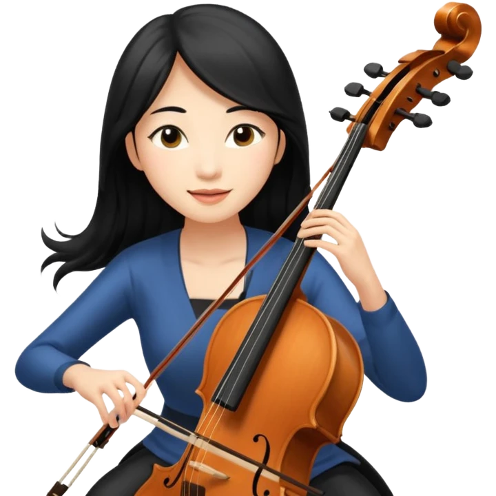 asian woman with black long hair and long eyelashes playing cello emoji