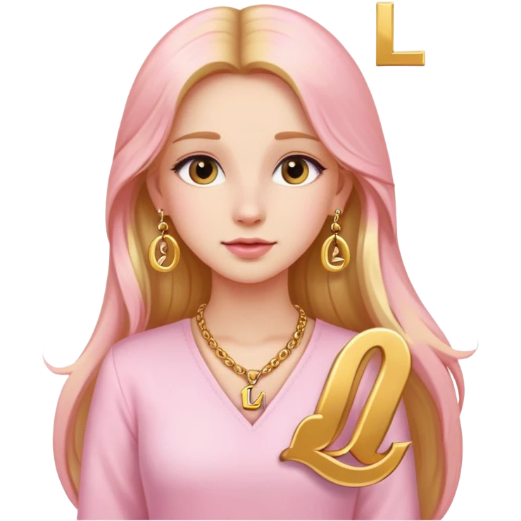 A beautiful girl wearing light pink clothes, long golden hair, earrings, Necklace with the letter L emoji