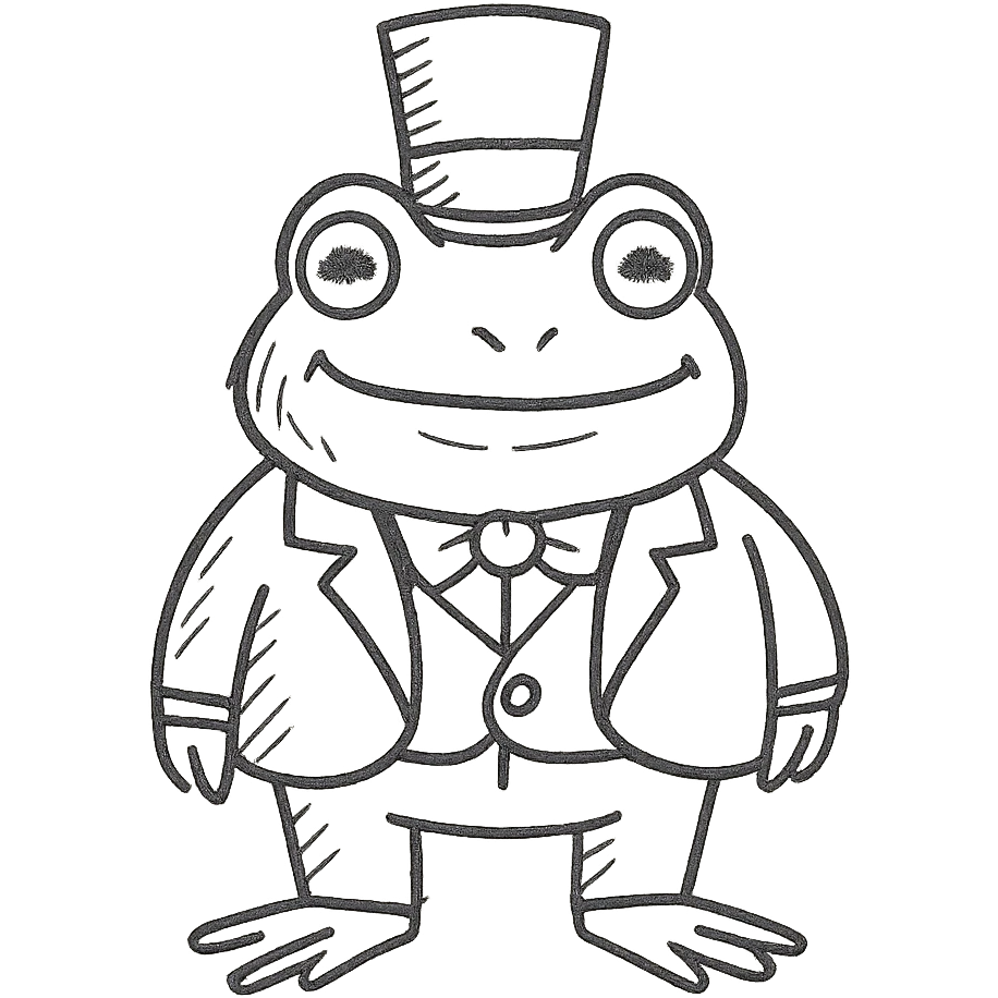 hand-drawn frog in a green suit with a top hat looking wealthy emoji