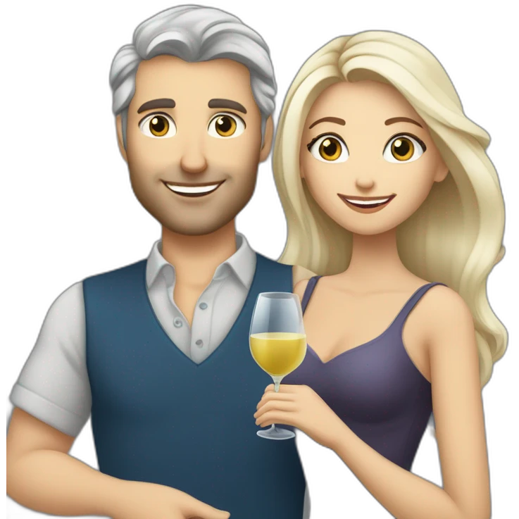 caucasian woman with brown eyes and blond medium long hair and a caucasian man with blue eyes and grey hair, toasting with a glass of white wine emoji