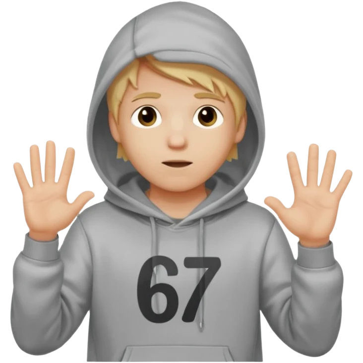 a white kid blone hair with a grey hoodie and his above his hands saying 67 one 6 on 1 hand 7 on the other emoji