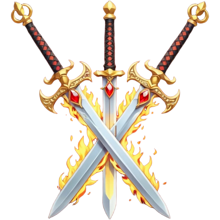 Two powerful on fire fully golden fiery royal crossed swords with red gems emoji