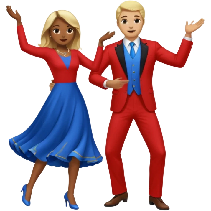Two people dancing. A man wearing red with light skin and blonde hair. A women wearing bue with dark skin and brown hair. emoji
