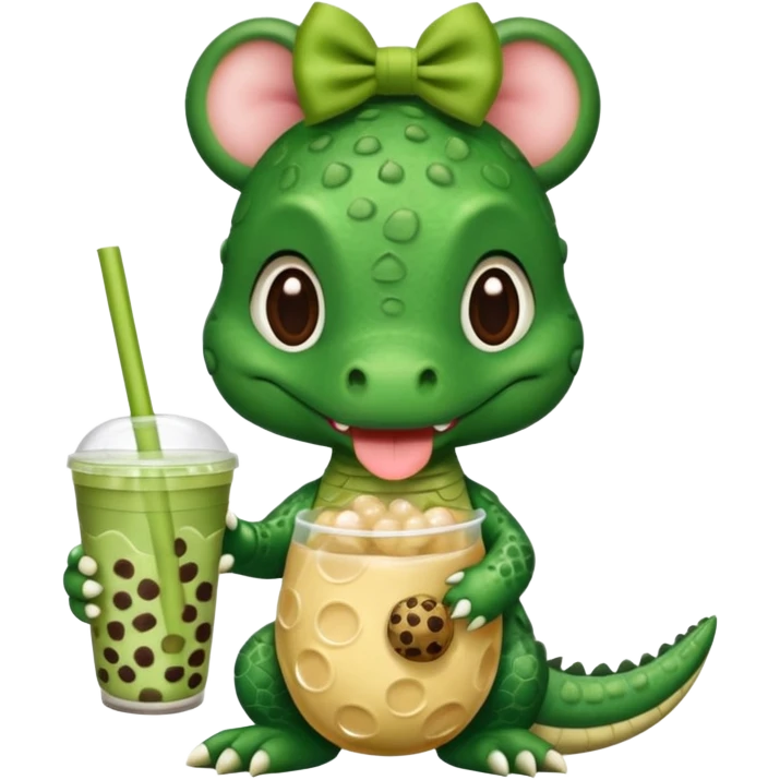 baby alligator with bow holding a boba tea emoji
