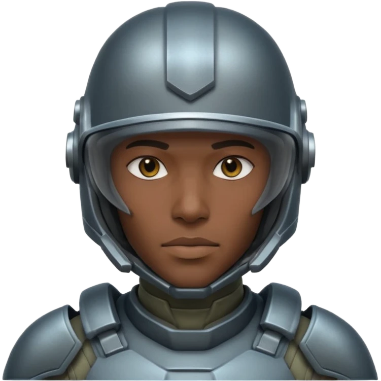 futuristic armored soldier human portrait, head and shoulders only, dark skin, strong jawline, helmet visor, sci-fi armor details, 3D cartoon, mobile game icon style, clean background, no text, no watermark
 emoji
