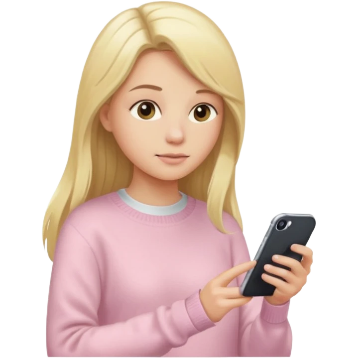 Blonde long hair Kendall Jenner with light pink sweater typing in an iphone emoji