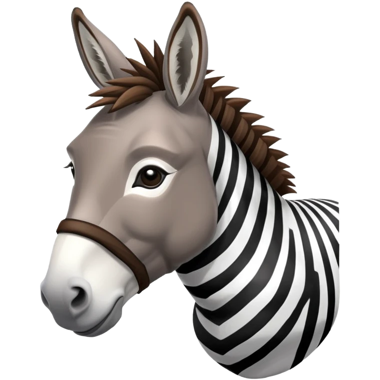 A donkey with a zebra head, donkey body with brown fur and zebra head with black and white stripes emoji