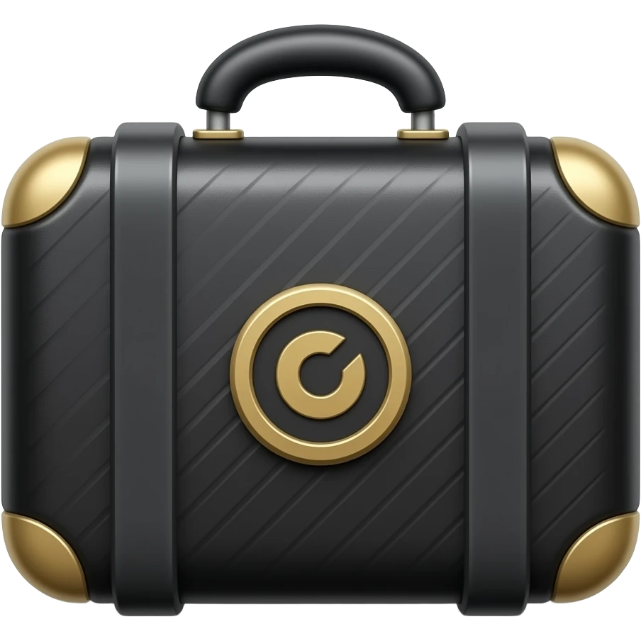 Minimal emoji icon of a black suitcase luggage set, matte cover, simple gold emblem, clean lighting emoji